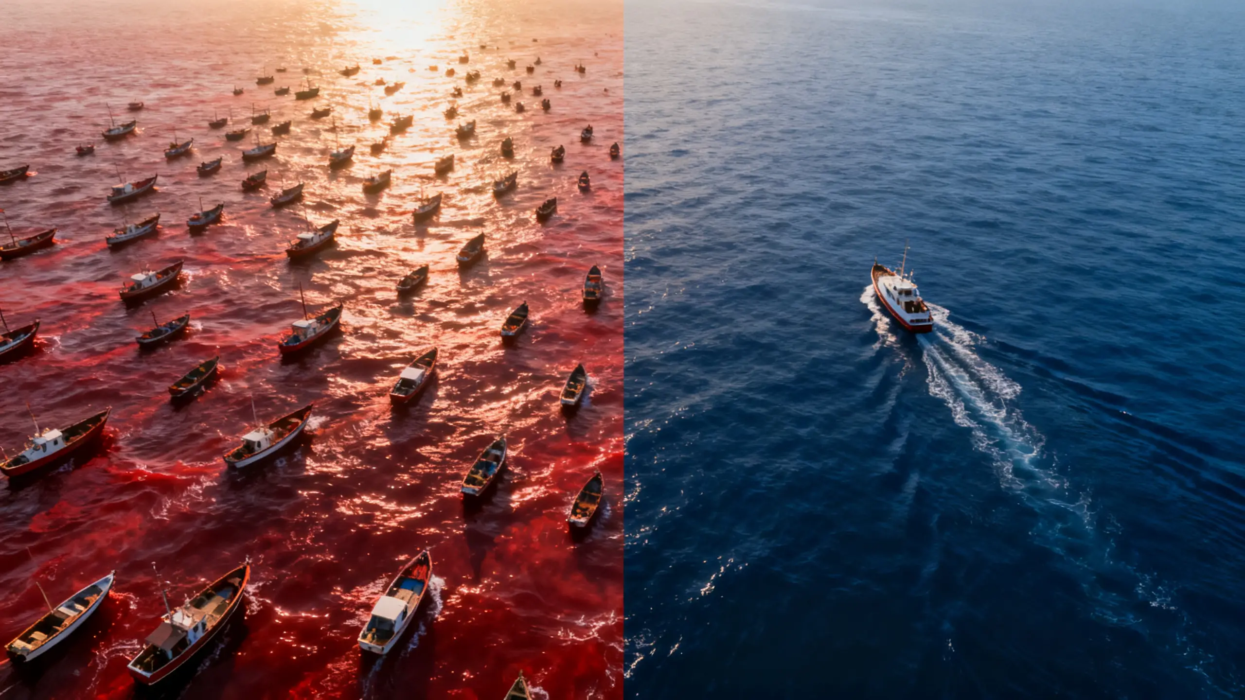 Czerwony ocean stłoczonych łódek kontra spokojny błękitny ocean
