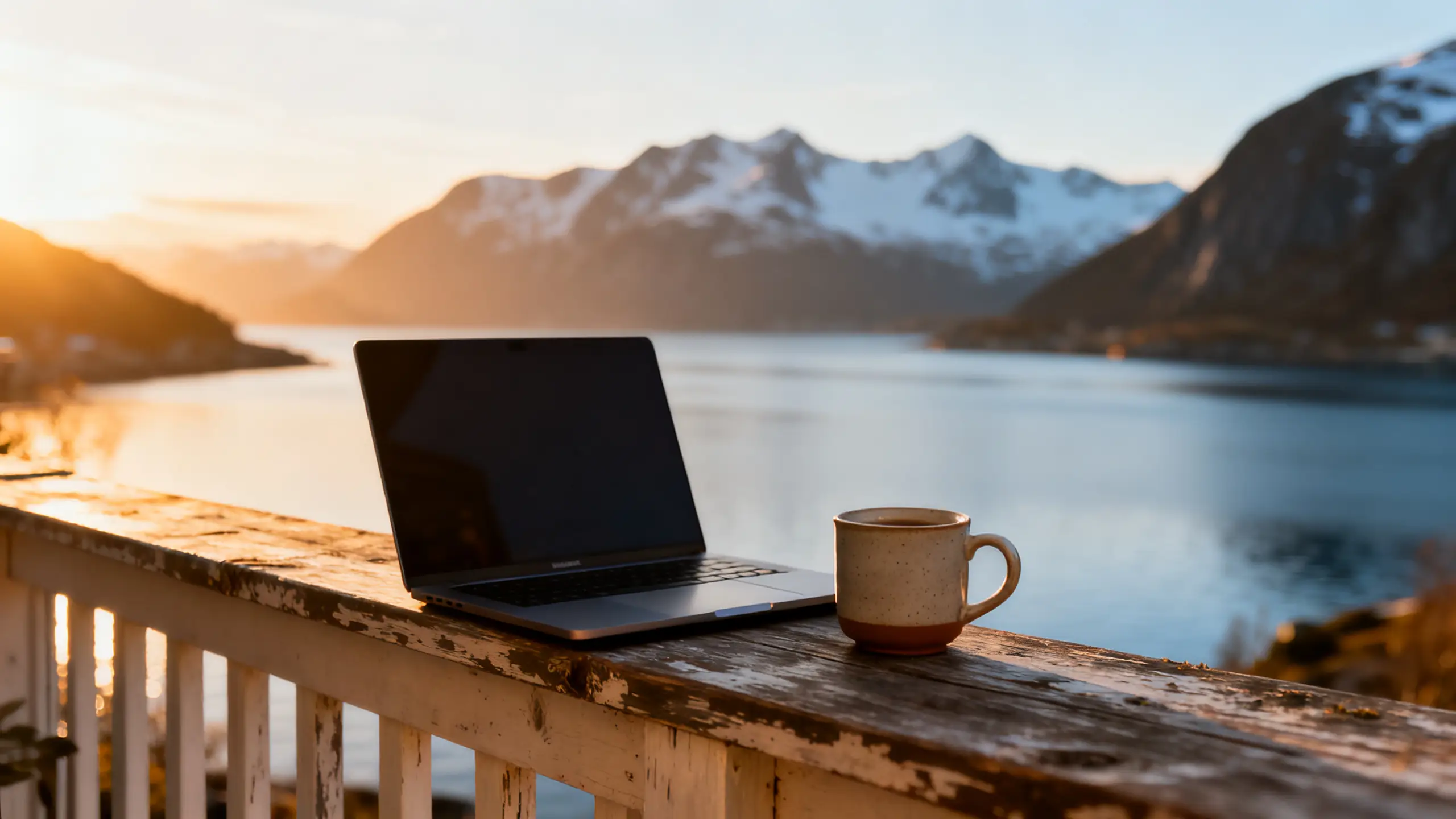 Laptop na tarasie nad fiordem — wolność pracy z dowolnego miejsca
